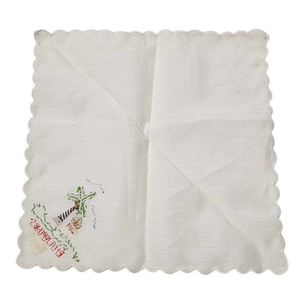 Vintage Handkerchief Hankie Philippines Stitched Straw Hut Bull Ox Palm Tree - Picture 9 of 13